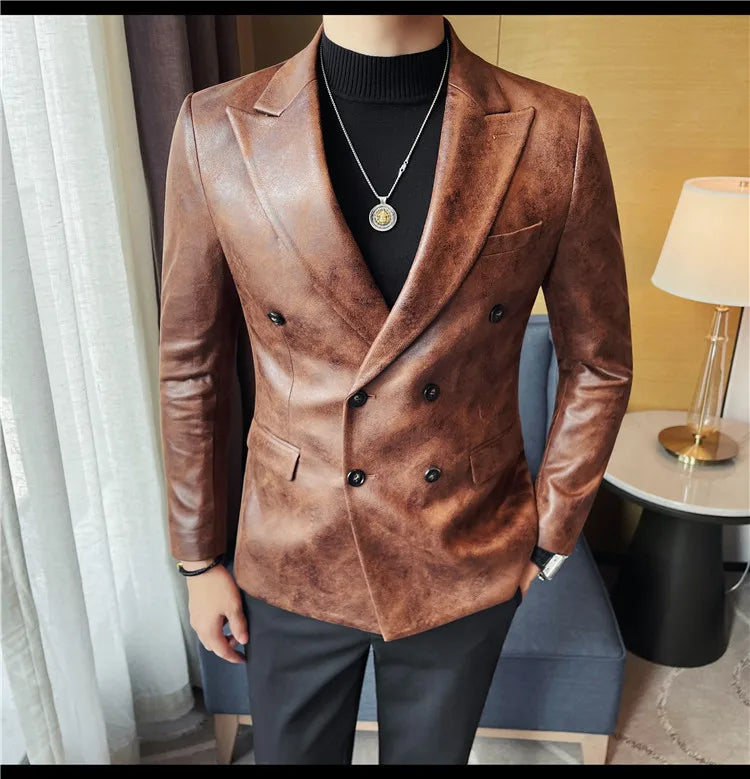 Brand Retro Leather Suit Jacket Men British Style Double Breasted Casual Business Blazers Wedding Groom Party Banquet Jackets