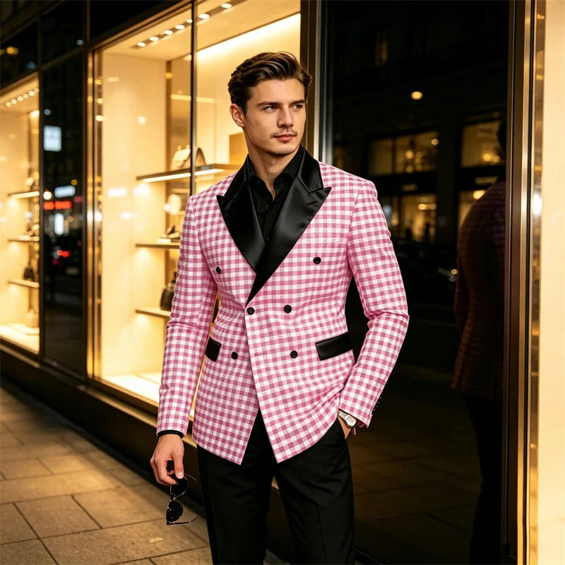 Men's Checkered Double Breasted Blazer Tailored Slim Fit Formal Jacket For Wedding Groom Cocktail Event Prom Dinner Party Coat