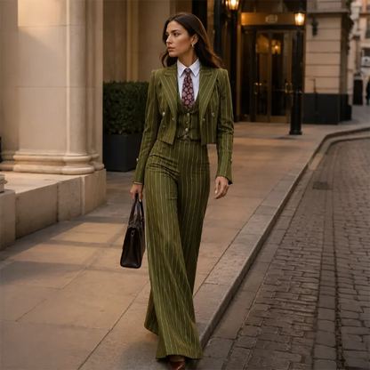 Chic Women Olive Green Pinstripe 3‑Piece Suit Double Breasted Short Blazer Vest Wide Leg Pants Office Business Formal Outfit
