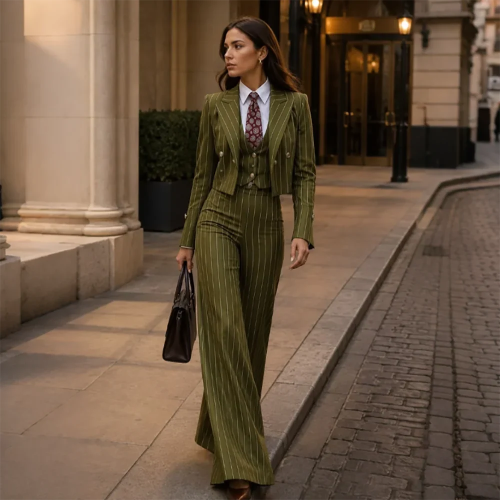 Chic Women Olive Green Pinstripe 3‑Piece Suit Double Breasted Short Blazer Vest Wide Leg Pants Office Business Formal Outfit