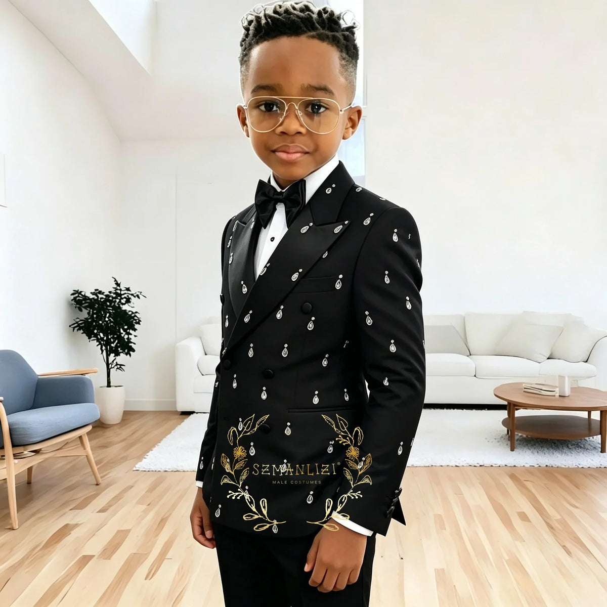 Boy's Suits 2 Pieces Black Beads Crystals Slim Fit Double Breasted Boy's Outfit Wedding Party Flower Children Sets（Blazer+Pants)