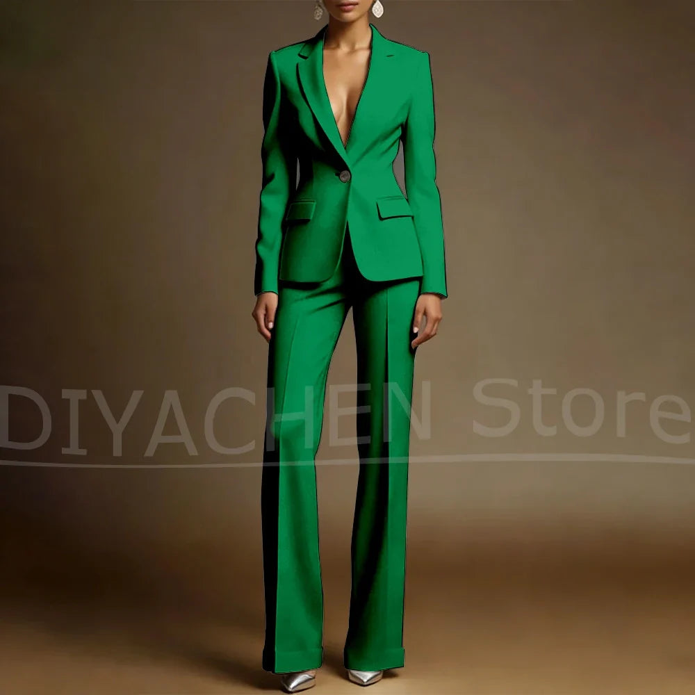 Women's White Suit Set Slim Fit Two Piece Jacket and Wide Leg Pants Office Casual Formal Occasions Elegant Female Outfit
