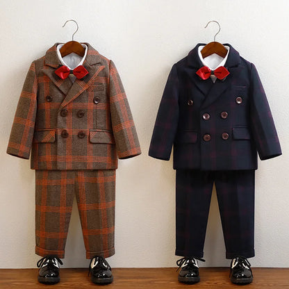 Boys Plaid Double Breasted Tuxedo Set – 4-Piece Formal Suit for Weddings & Special Occasions