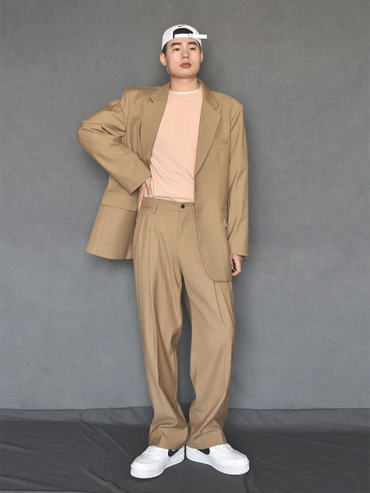 Mens Fashion Matching Set Loose Fit Single Breasted Blazers Straight Pants Business Casual Office Work Outfits Oversize Suits