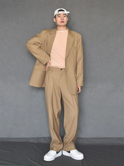 Mens Fashion Matching Set Loose Fit Single Breasted Blazers Straight Pants Business Casual Office Work Outfits Oversize Suits