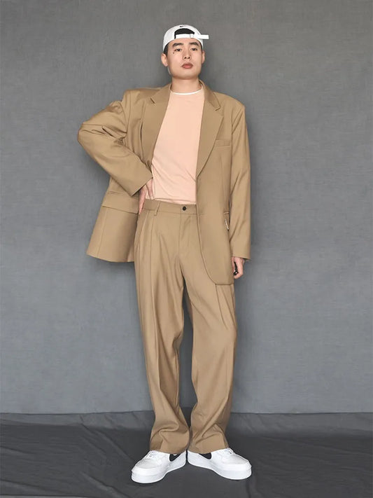 Mens Fashion Matching Set Loose Fit Single Breasted Blazers Straight Pants Business Casual Office Work Outfits Oversize Suits