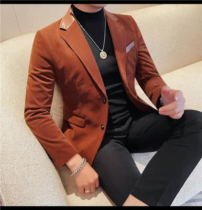 Autumn Winter Corduroy Suit Coat For Men Korean Elegant Slim Fit Business Formal Dress Coats Groom Wedding Tuxedo Suit Jacket