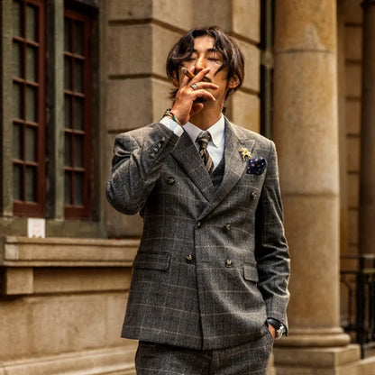 Retro British Style Double Breasted Suit Jacket Men's Checkered Business Formal Suit Wedding Professional Suit