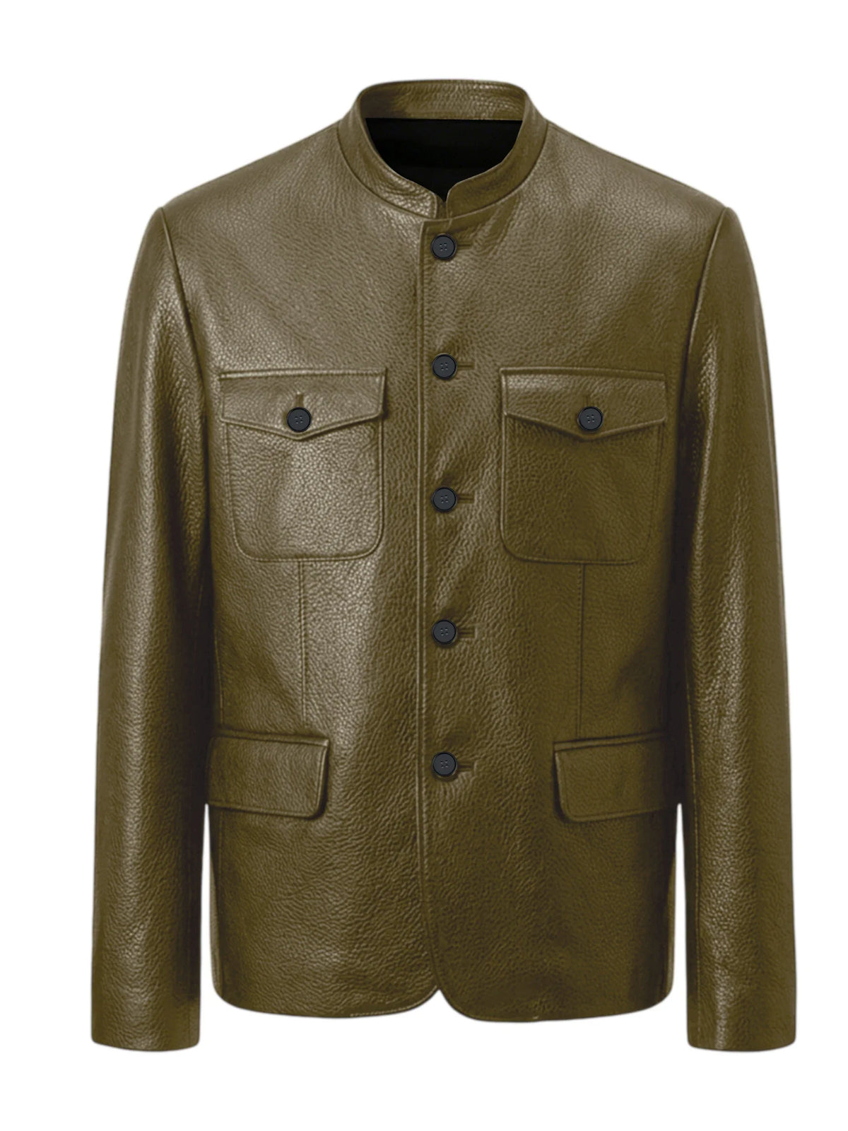 Men Premium Leather-Like Stand Collar Jacket Single Breasted Casual Multi-Pocket Slim Fit Business Outerwear