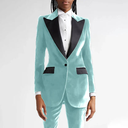 Black Flannel Women Suit Customized Single-grain Buckle Peaked Lapel Two Pieces(Jacket+Pants) Modern Business Office Lady Set