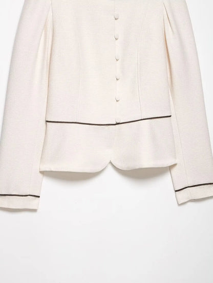 2026 Women Spring Elegant Single Breasted Stand Collar Long Sleeves Short Coat Woman Fashion Casual Beige Tweed Blazer Jacket