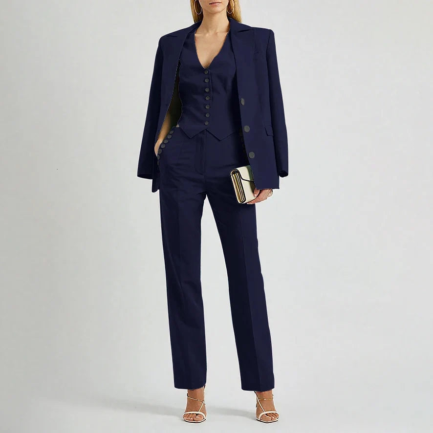 Slate Green Women's Suit Customized Elegant Single-breasted Peaked Lapel Three Pieces (Jacket+Pants+Vest) Office Lady Set