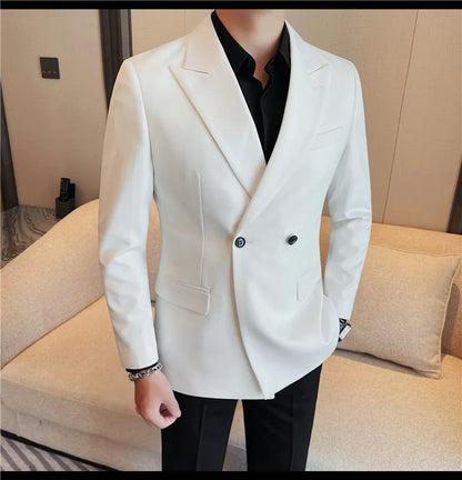 British Style Double Breasted Blazer Jackets Men High Quality Casual Business Suit Jacket Slim Business Wedding Groom Dress