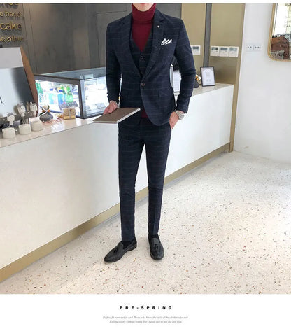 Luxury Men Slim Fit Check Suit Men Business Office Formal Suits 3 Pcs Set Blazers Pant Casual Wedding Social Tuxedo Dress Homme