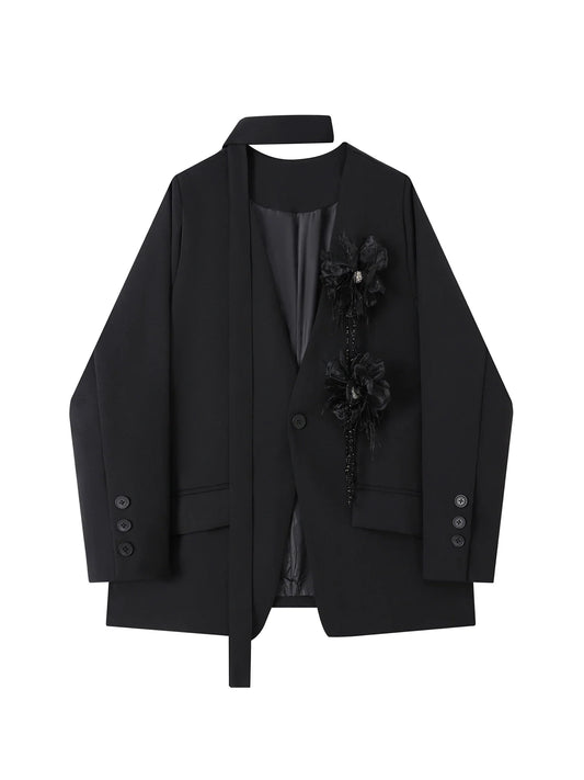 Women's Black Gothic Blazer Jacket Y2k Harajuku 2000s Vintage Long Sleeve Single Breasted 3D Floral Suit Coat Oversize Outerwear
