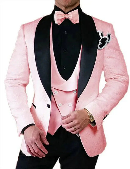 Black Velvet Men's 3 Pieces Suit Prom Costume Groom Tuxedos Formal Wedding Best Man Blazer Party Suits (Jacket+Vest+Pants)
