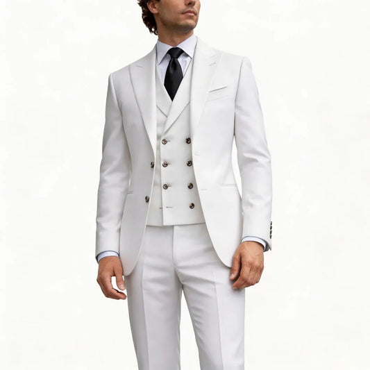 Men Suit White 3 Pieces With Lapel Solid For Wedding Groom Birthday Banquet Party Business Work Office Set Jacket Vest Pants