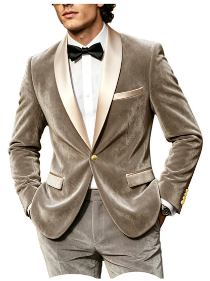 Men Velvet Tuxedo Jacket Champagne Satin Shawl Lapel Slim Fit Blazer Wedding Groom Party Prom Formal Western Dinner Suit Coat