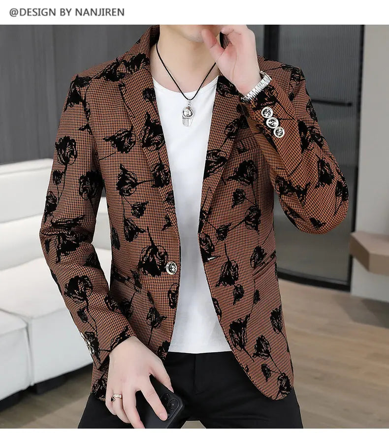 Blazer: Outdoor Fashion Business Gentleman Print Wedding Host Campus Slim-fit Casual Korean-style Youthful Versatile Men Blazer