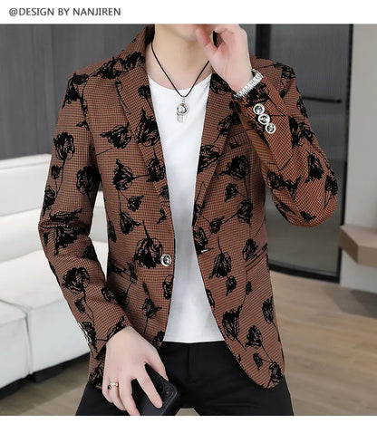 Blazer: Outdoor Fashion Business Gentleman Print Wedding Host Campus Slim-fit Casual Korean-style Youthful Versatile Men Blazer