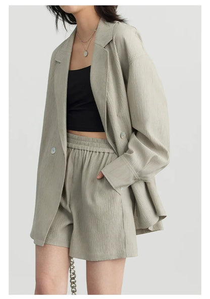 Women's Blazer Solid Casual Long Sleeve Jacket Texture Thin Suit Coat Shorts Office Lady Tops 2023 Summer New Fashion