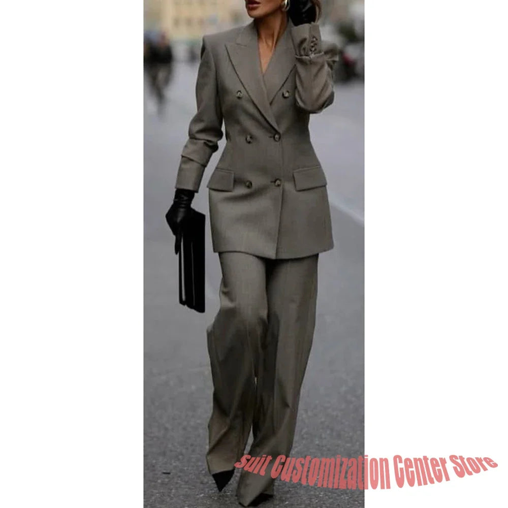 Grey Women's Double Breasted Blazer Suit Set Elegant Office Workwear Tailored Jacket with Trousers Fashion Streetwear Outfit