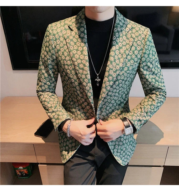 Autumn Winter Corduroy Flower Blazers Men Slim Fit Casual Suit Jacket Casual Suit Jacket Wedding Business Dress Coat Streetwear