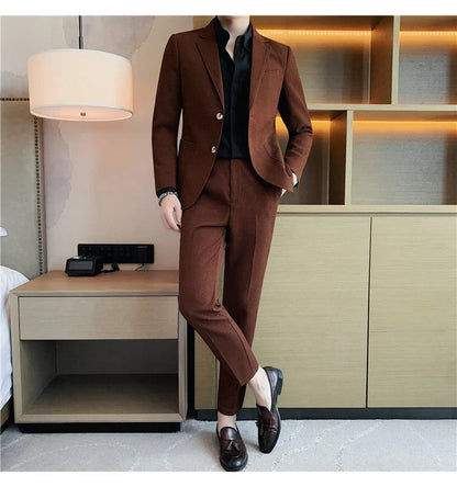 2025 New Waffle Blazers +Pant 2 Piece Set Men Fashion Business Slim Fit Solid Tuxedo Groom Wedding Prom Wear Casual Men's Sets