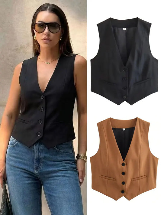 Elegant Womens Minimalist Solid Color Suit Vest Fitted Waist V Neck Office Workwear Business Waistcoat Casual Streetwear Tops