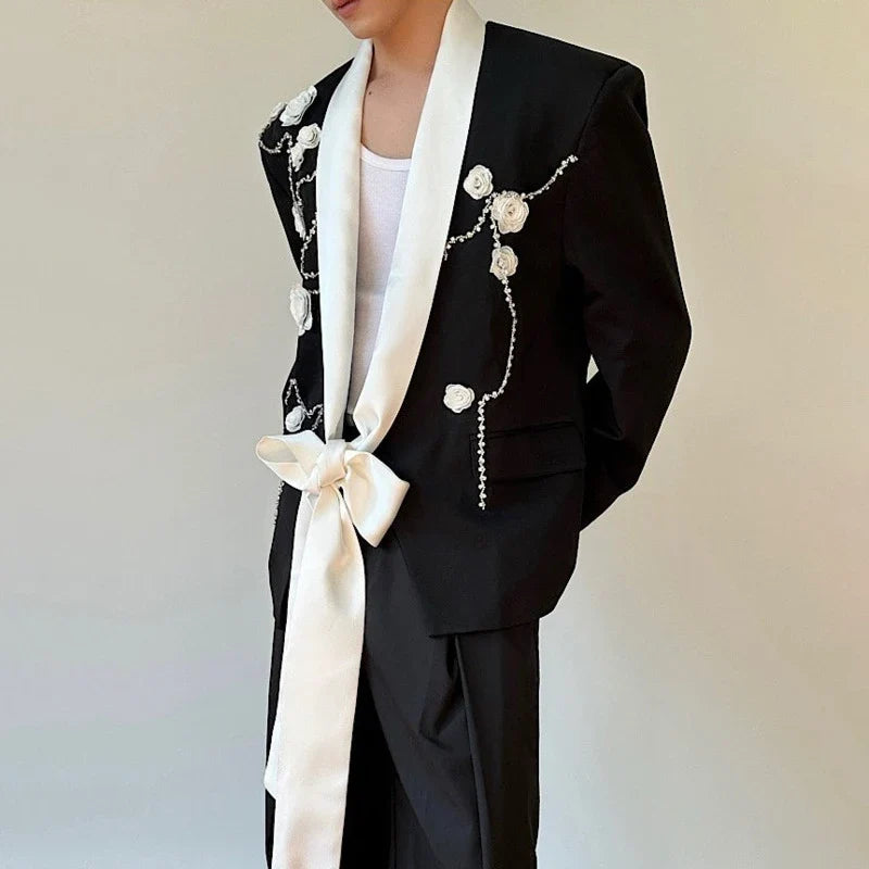 2026 Spring New Fashion Elegant Temperament Ribbon Decorate Blazer Coat Men's Handsome Luxury Casual Male Clothes JY5386