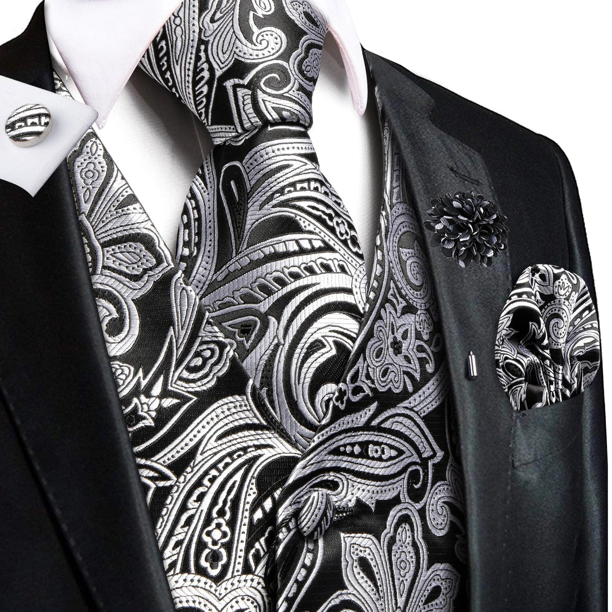 Men's Jacquard Waistcoat Suit Vest with Tie Hanky Cufflinks Brooch Set for Weddings and Business Events