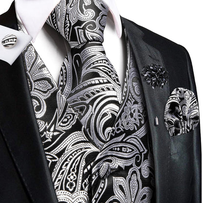 Men's Jacquard Waistcoat Suit Vest with Tie Hanky Cufflinks Brooch Set for Weddings and Business Events