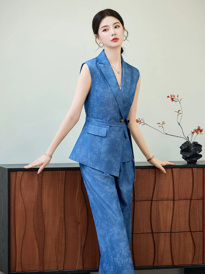 Comfortable 2026 Spring Suit Women's 2 Piece Suit Set Sleeveless Blazer Vest Wide Leg Pants Outfit Casual Office Workwear Dressy