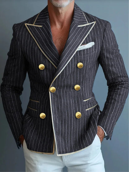 Business Fashion Suit Jacket Striped Suit Jacket with Double Row Metal Buckles Blue Blazer Striped Jacket Man Top Man Coat