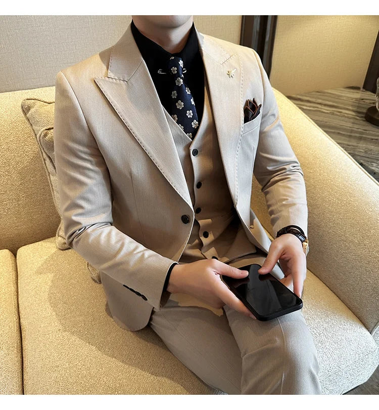 (Blazer + Vest + Trousers) 2024 New Men Formal Business Solid Suit 3 Pieces Set Italian Style Luxury Wedding Social Party Tuxedo