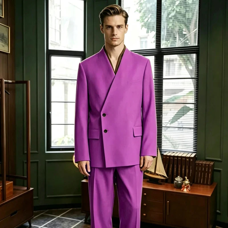 Men's 2-Piece Suit No Lapel Cross V-Neck Loose Blazer & Trousers – Wedding & Formal Occasions