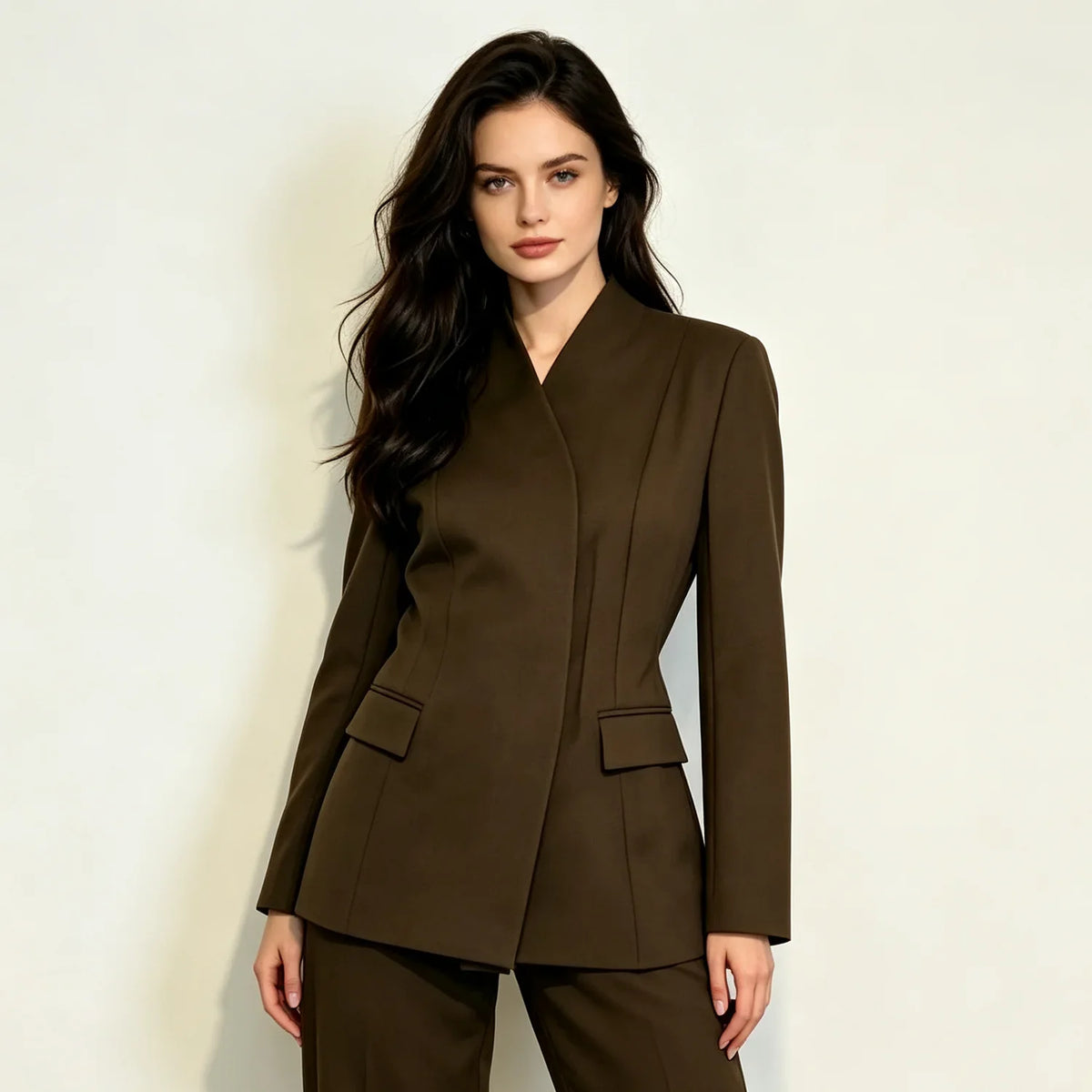 2026 New Women V Neck Blazer No Lapel Waist Shaping Suit Jacket Elegant Office Formal Outerwear 5 Colors