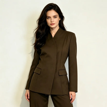 2026 New Women V Neck Blazer No Lapel Waist Shaping Suit Jacket Elegant Office Formal Outerwear 5 Colors