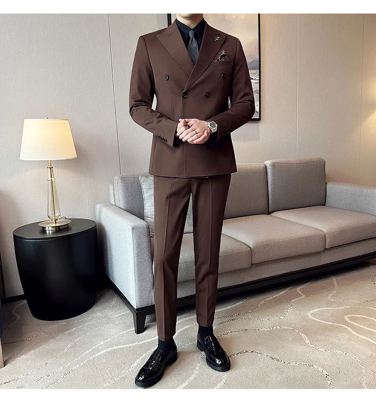 (Jackets +Pants ) Men's Suits 2 Piece High-Quality Double Breasted Lapel Solid Business Groom Wedding Tuxedo Banquet Clothing