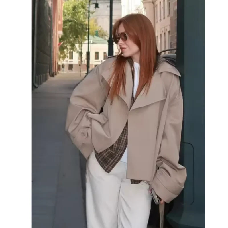 Solid Lapel Lace Up Jacket Elegant Chic Full Sleeve Button Loose Long Coat Women Office Lady Daily Commute Overcoat Windbreaker