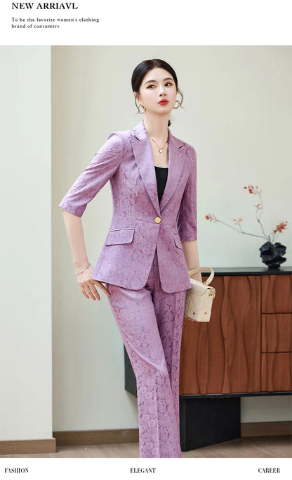 Fashion Purple Half Sleeve Professional Suit Women New Summer Elegant Formal Slim Blazer And Pants Office Ladies Work Wear
