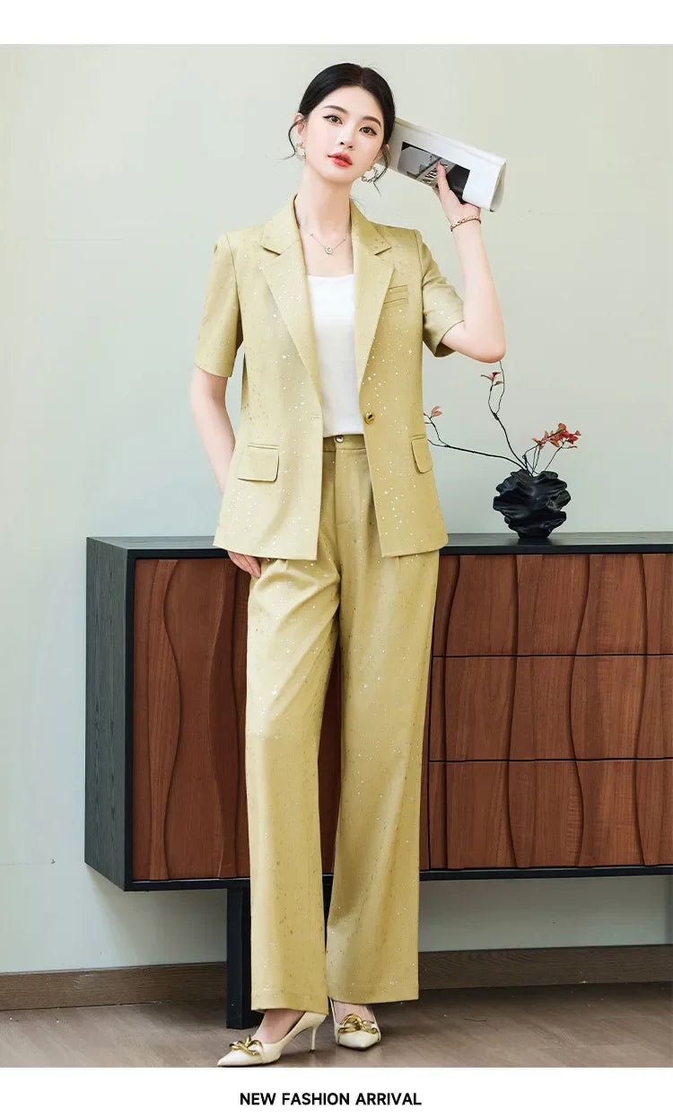 Fashion Blue Yellow Short Sleeve Professional Suit Women New Summer Elegant Formal Slim Blazer And Pants Office Ladies Work Wear