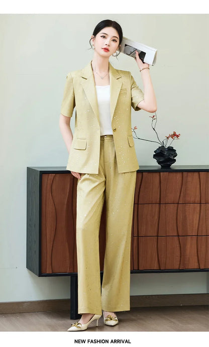 Fashion Blue Yellow Short Sleeve Professional Suit Women New Summer Elegant Formal Slim Blazer And Pants Office Ladies Work Wear