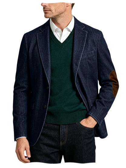 Men's Denim Blazer Suit with Suede Elbow Patches – Slim Fit, Casual & Business Wear