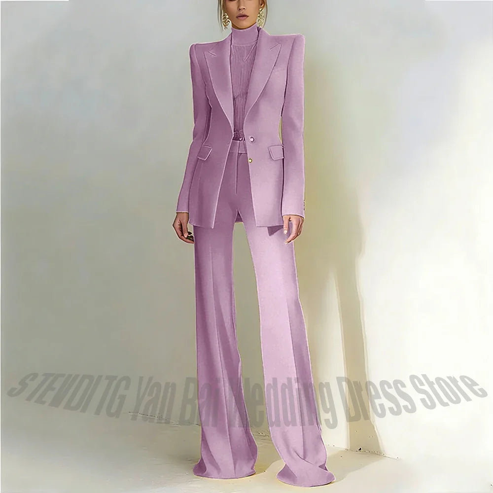 Women Pant Suit 2 Piece Set Office Female Business Work Formal Jacket Trouser One Button Chic Yellow Peaked Lapel Elegant Suit