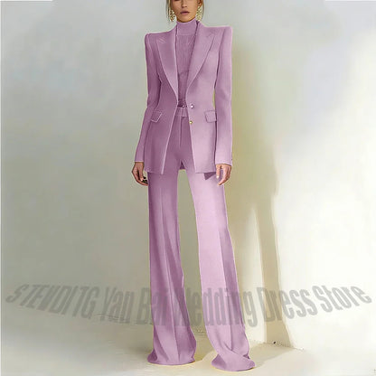 Women Pant Suit 2 Piece Set Office Female Business Work Formal Jacket Trouser One Button Chic Yellow Peaked Lapel Elegant Suit