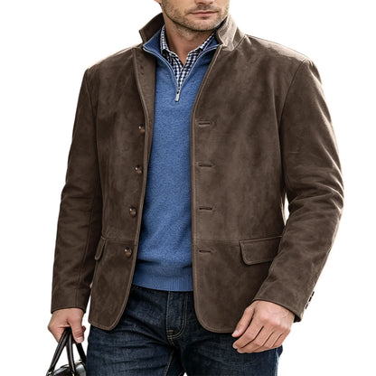 Men's Suede Blazer Single Breasted Slim Fit Classic Stand Collar Suit Jacket for Weddings & Daily Wear