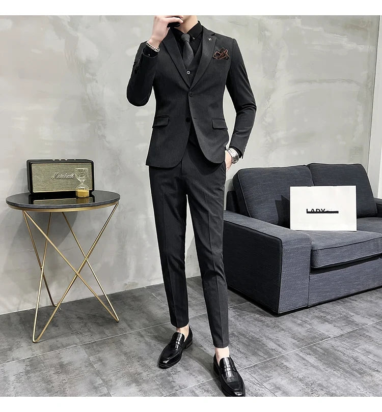 Men's Slim Fit 3-Piece Suit – Solid Color, Smart Casual & Wedding