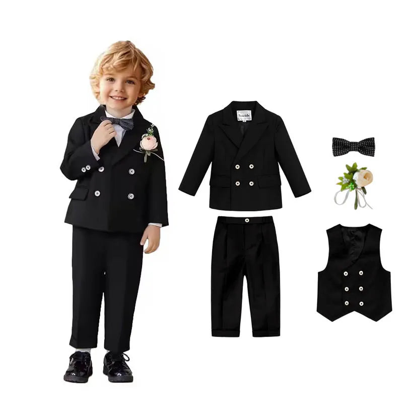 Boys Wedding Party Dress Children Performance Costome Kids New Year Red 4Pieces/Set Jacket Vest Pants Bowtie Photography Suit