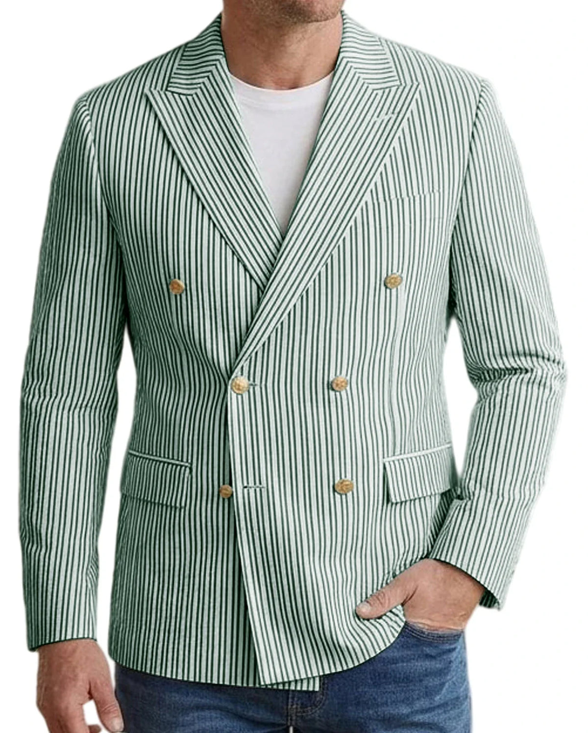 Vintage Men's Striped Double Breasted Blazer Casual Business Suit Jacket Lightweight Notched Lapel Sport Coat Wedding Party Wear